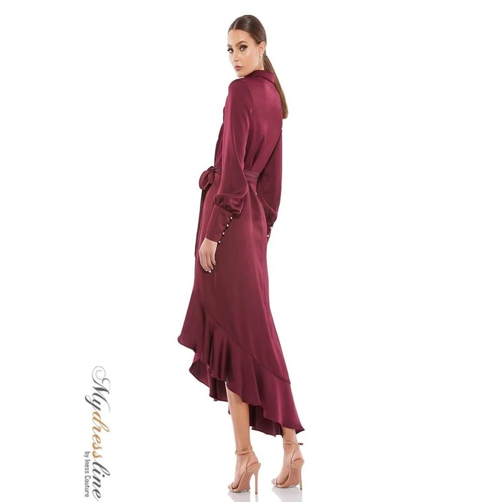 Mac Duggal 12506 Burgundy Satin Wrap High Low Ruffle Midi Dress Long Sleeve